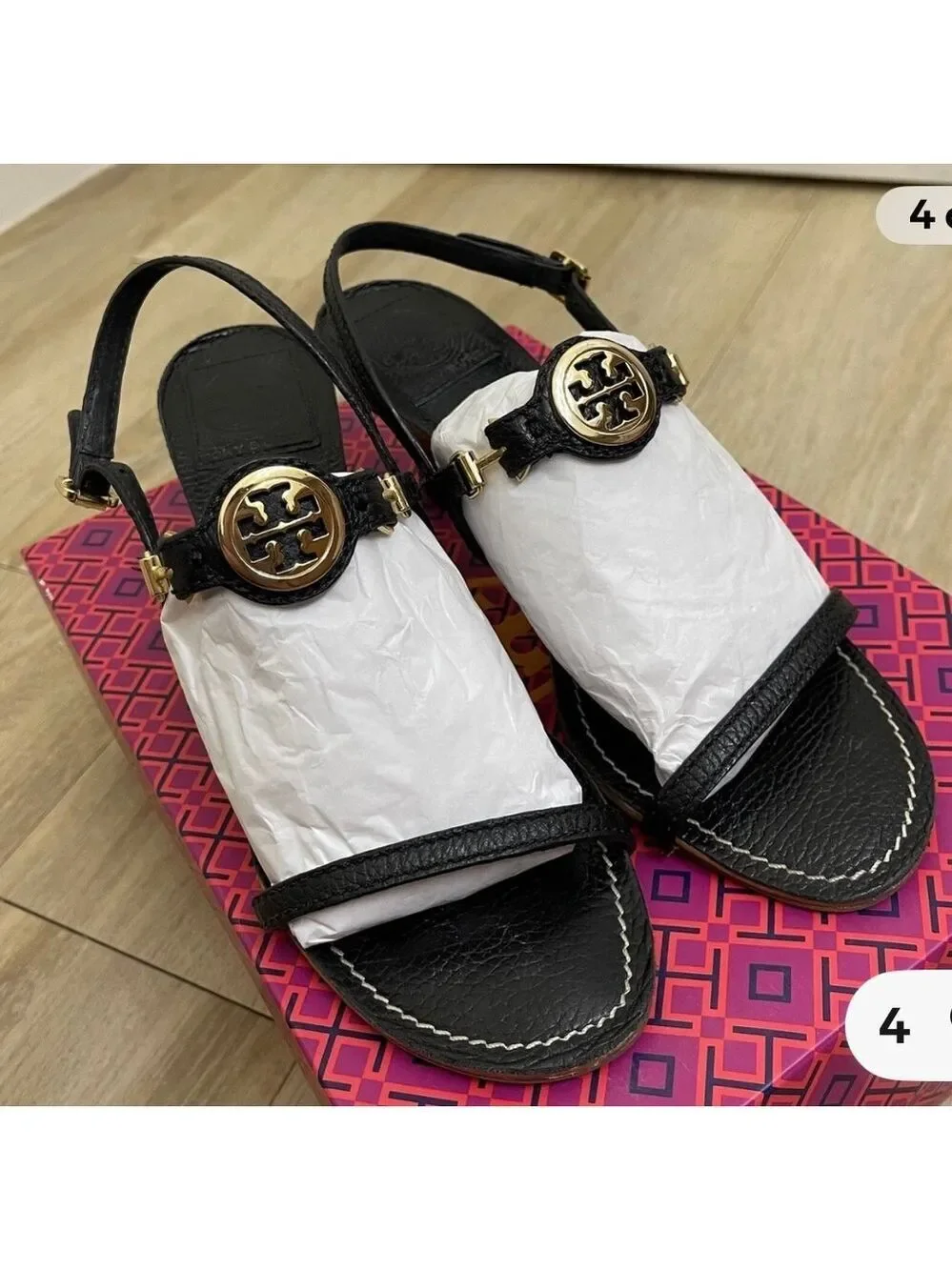 New Tory Burch Black Gold Mira 70mm Tumbled Leather Sandals 9.5